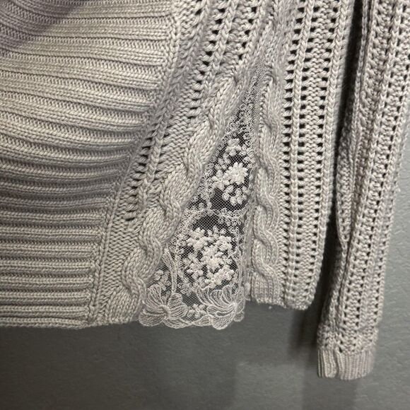 Garnet Hill Cardigan Sweater Small Taupe Open Knit Shawl Collar Lace Trim - Picture 6 of 9